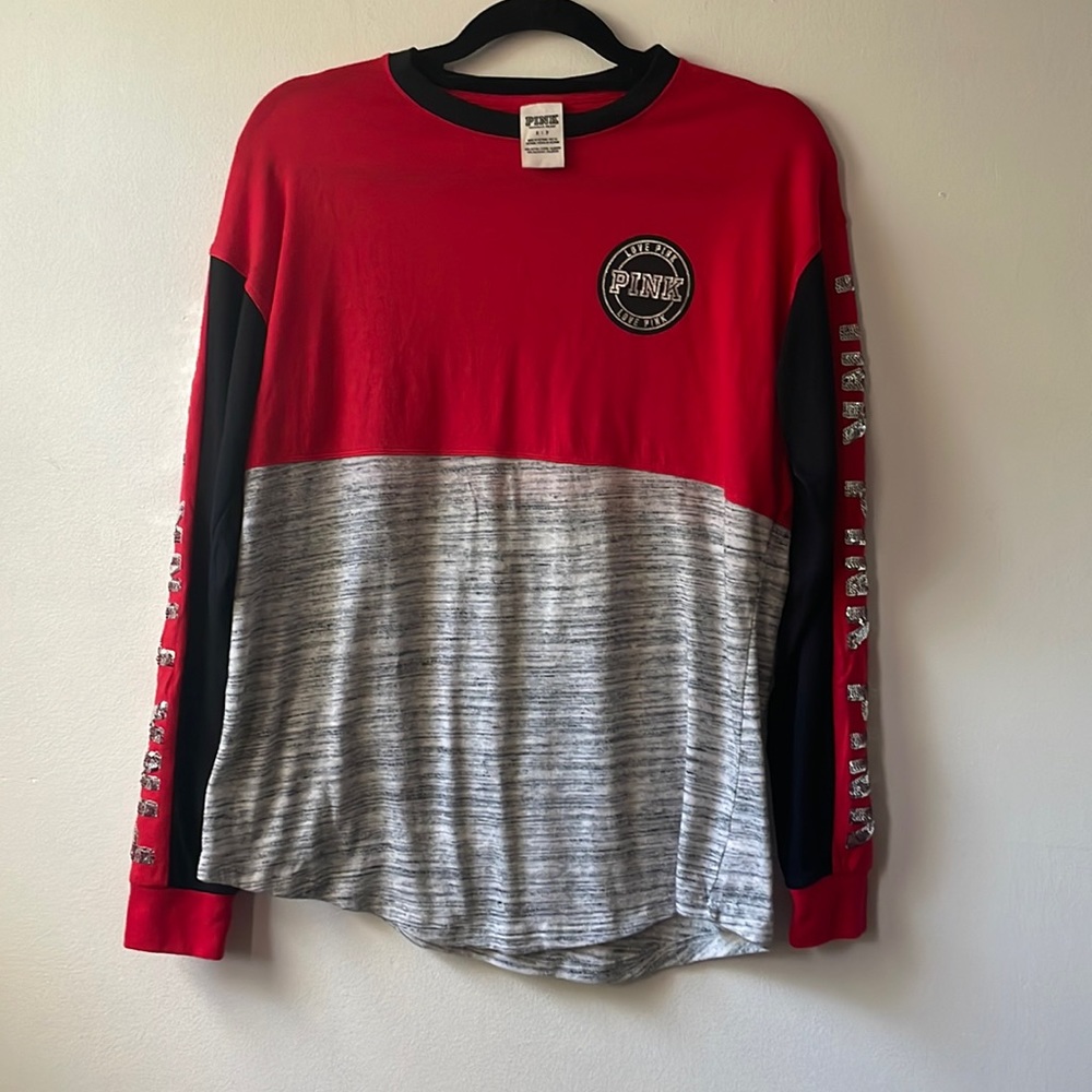 Victoria's Secret PINK Red Gray Black Sequin Long Sleeve Shirt Top Small